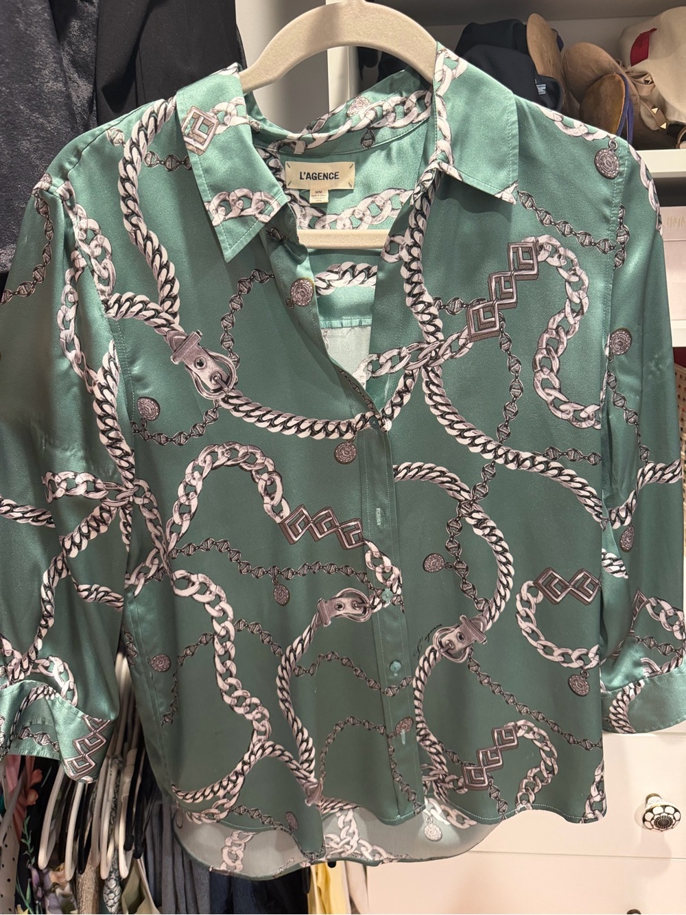 L'AGENCE Mint Green Chain-Print Silk Button-Down Blouse